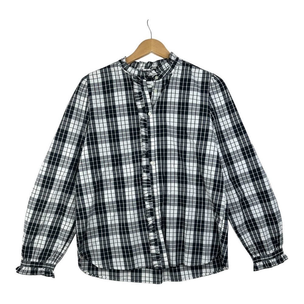 Loft Plaid Button Down Longโ Sleeve Blouse size Medium Black/White